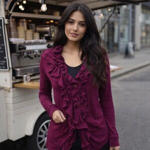 Moth Anthropologie Ruffle Front Cardigan Magenta Cotton Cashmere Small